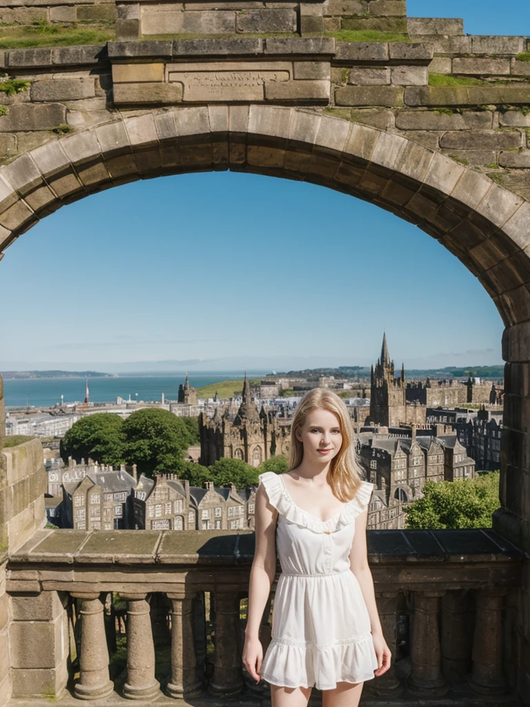 her name is Marie, high quality, 1girl, ((20-year-old fit Caucasian woman)), ((20 years old)), ((fit)), ((pale skin tone)), medium length straight blonde hair , wearing Tiered Ruffle Mini Dress, pose: standing, background: Detail the panoramic vistas from Edinburgh Castle, Scotland, where visitors can see the historic city of Edinburgh spread out below, framed by rolling hills and the distant sea.