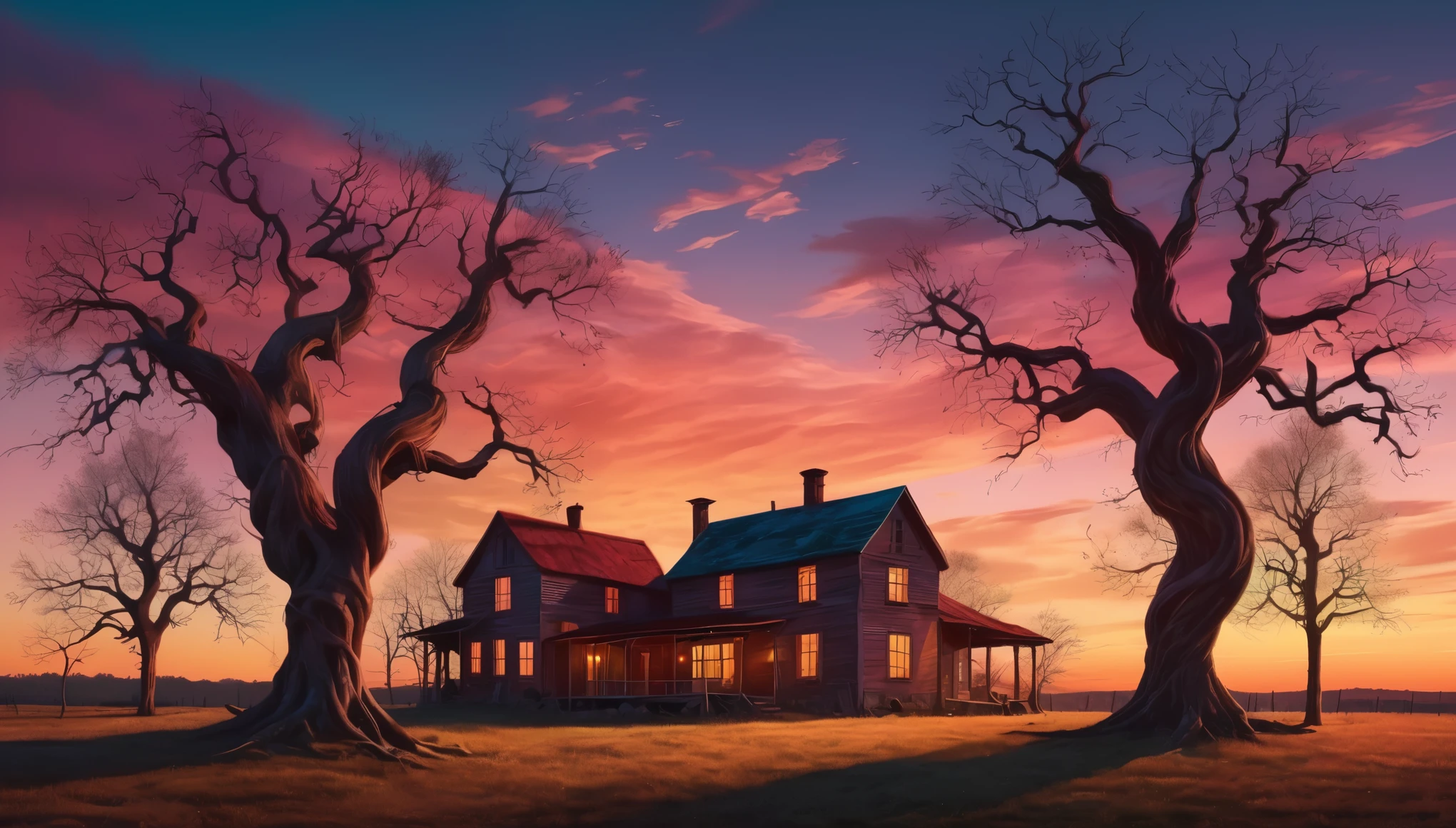 An eerie, surreal farmhouse at twilight with exaggerated shadows and twisted trees. Hyper realistic photo, vibrant colors, 16k