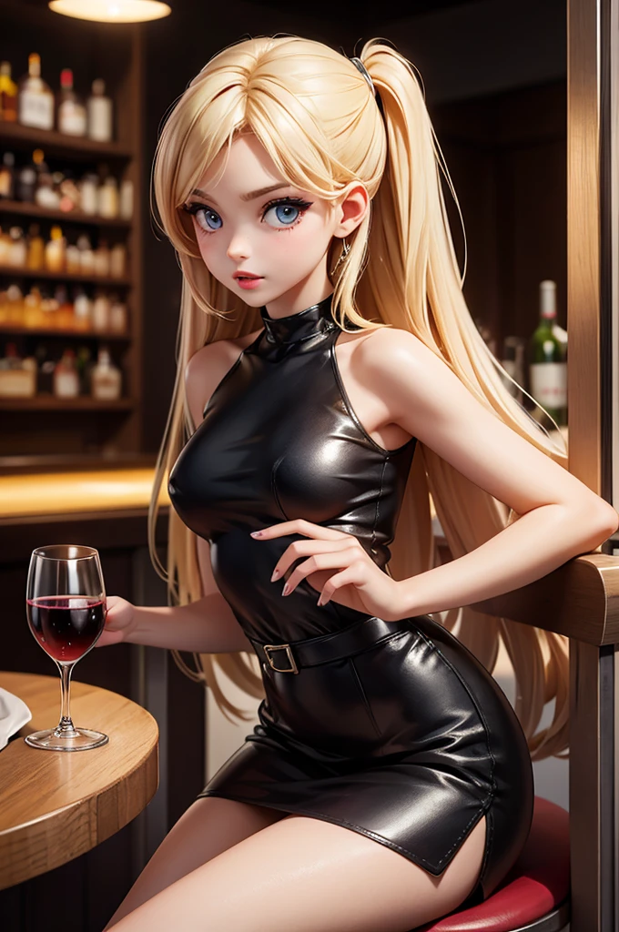 (bar) (night) hyperrealistic 14 year old american , blonde, perfect tiny body, sexy, dark makeup, perfect slim face, big red lips, very cute face, tiny body, big eyes, young looking, childish looking, black top, big breasts, deep neckline, black miniskirt holding a glass of wine, sitting