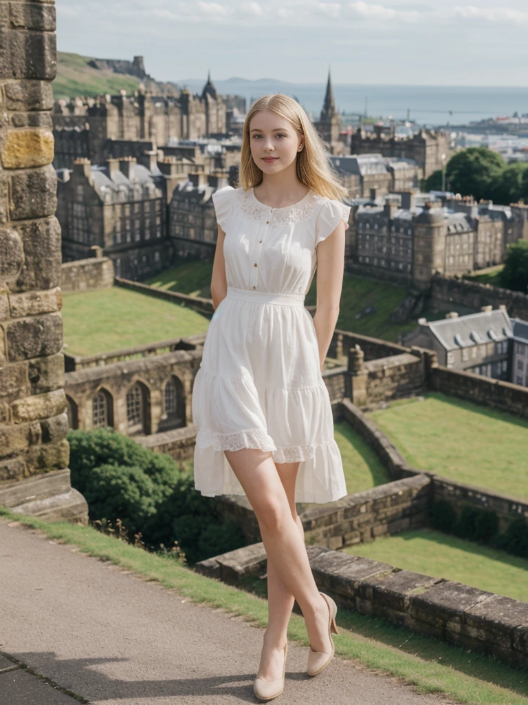 her name is Marie, high quality, 1girl, ((20-year-old fit Caucasian woman)), ((20 years old)), ((fit)), ((pale skin tone)), medium length straight blonde hair , wearing Tiered Ruffle Mini Dress, pose: standing, background: Detail the panoramic vistas from Edinburgh Castle, Scotland, where visitors can see the historic city of Edinburgh spread out below, framed by rolling hills and the distant sea.