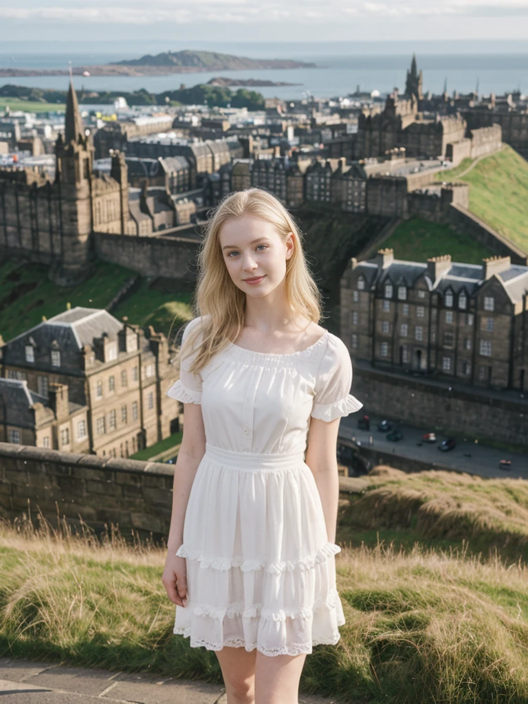 her name is Marie, high quality, 1girl, ((20-year-old fit Caucasian woman)), ((20 years old)), ((fit)), ((pale skin tone)), medium length straight blonde hair , wearing Tiered Ruffle Mini Dress, pose: standing, background: Detail the panoramic vistas from Edinburgh Castle, Scotland, where visitors can see the historic city of Edinburgh spread out below, framed by rolling hills and the distant sea.