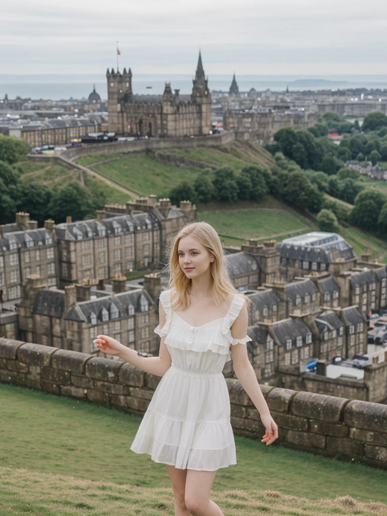 her name is Marie, high quality, 1girl, ((20-year-old fit Caucasian woman)), ((20 years old)), ((fit)), ((pale skin tone)), medium length straight blonde hair , wearing Tiered Ruffle Mini Dress, pose: standing, background: Detail the panoramic vistas from Edinburgh Castle, Scotland, where visitors can see the historic city of Edinburgh spread out below, framed by rolling hills and the distant sea.