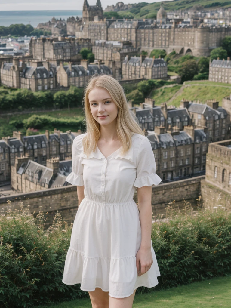 her name is Marie, high quality, 1girl, ((20-year-old fit Caucasian woman)), ((20 years old)), ((fit)), ((pale skin tone)), medium length straight blonde hair , wearing Tiered Ruffle Mini Dress, pose: standing, background: Detail the panoramic vistas from Edinburgh Castle, Scotland, where visitors can see the historic city of Edinburgh spread out below, framed by rolling hills and the distant sea.