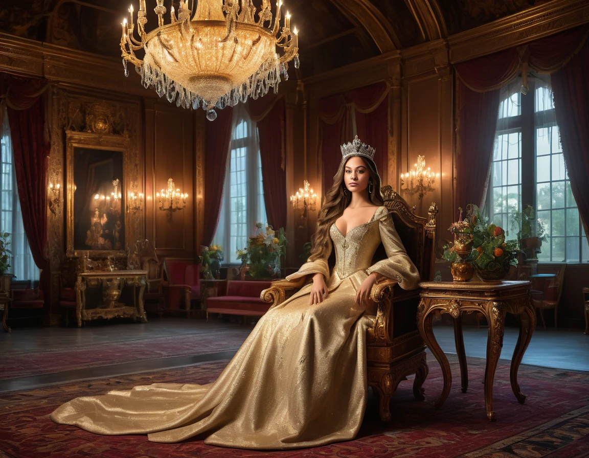 A beautiful young Queen, elegant facial features, long flowing hair, detailed crown, detailed royal gown, impressive throne room, ornate furniture, elaborate chandelier, dramatic lighting, cinematic camera angle, highly detailed, photorealistic, 8k, masterpiece, oil painting, vibrant colors, chiaroscuro lighting
