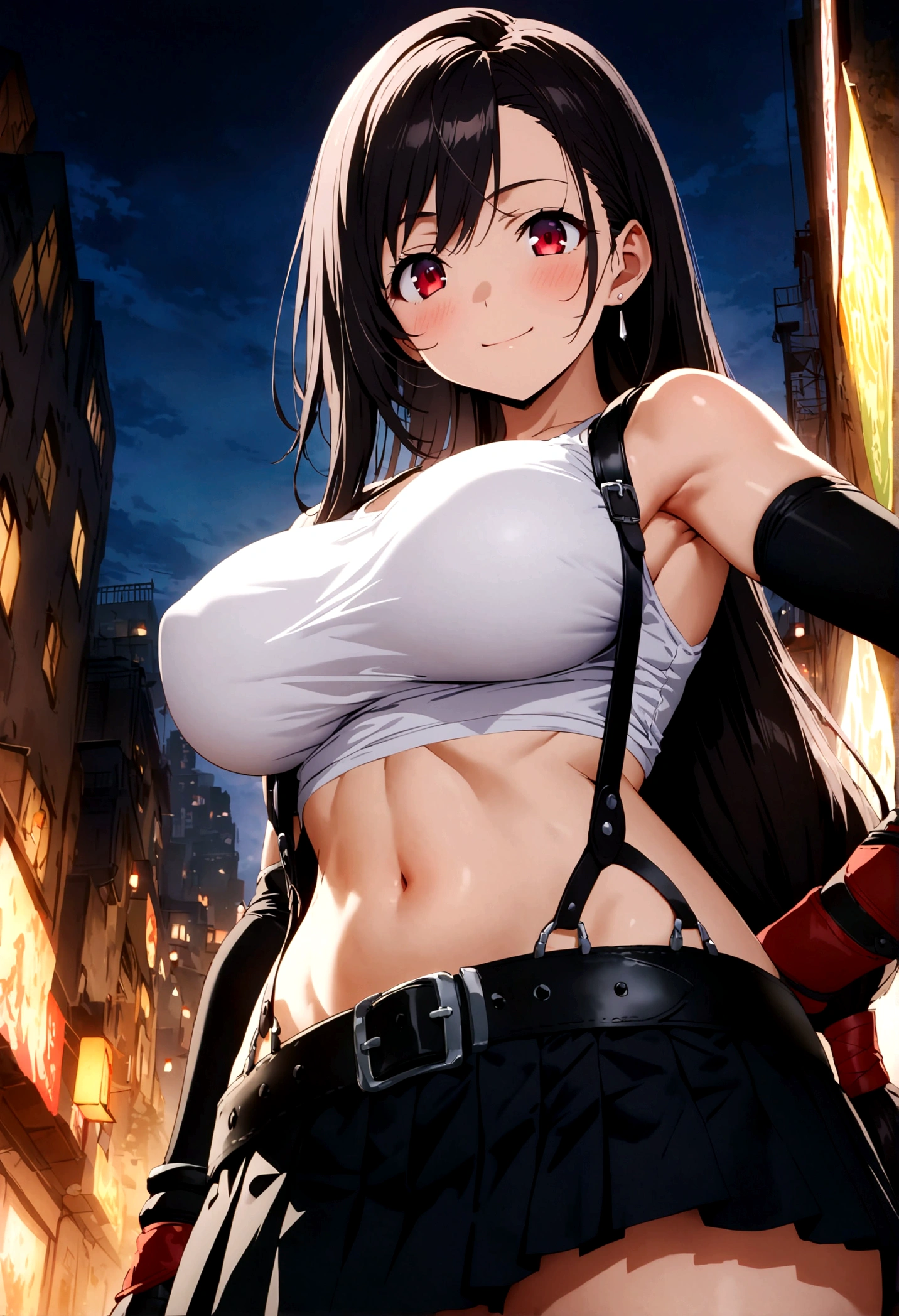 score_9, score_8_up, score_7_up,4k, ,BREAK , from below,from below,breast focus:1.3,below view.standing,straight-on,(,),,(upperbody:1.3),looking_at_viewer ,1girl, tifa lockhart, final fantasy, tareme,black hair, low-tied long hair, red eyes, bangs, white tank top, belt, pleated skirt, thighhighs, elbow fingerless gloves, elbow pads, midriff, navel,suspender skirt ,large_breasts,(light smile),Curvy waist ,Solo,,(midnight and beachside and city),Toned,,detailed skin,(best quality),(aesthetic,very aesthetic),masterpiece, highres,4k,(ultra-detailed:1.4) (illustration:0.4), (ray tracing,:0.7),(anime colored:0.7),(ai-generated:0.5), (anime screencap:0.8),megami magazine,