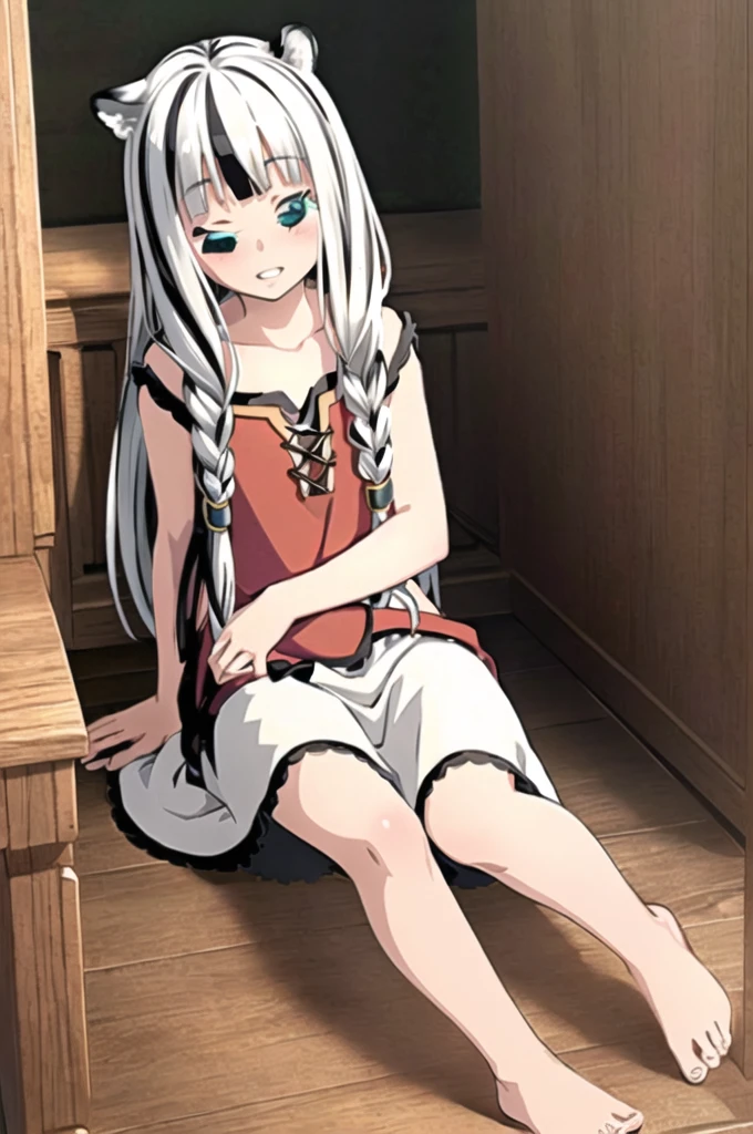 ((masterpiece)), (best quality), (ultra-detailed), photorealistic, (best illustration), ((an extremely delicate and beautiful)), 1girl, solo, long hair, tiger ears, white hair, two-tone hair, facing viewer, barefoot, megumin clothes, witch hat, megumin hat, closed eyes, short sleeves, indoors, low twin braids, twin braids, hair ornament, blush, head tilt, upper teeth, flat chest, young, aged down, happy, collarbone, necklace,