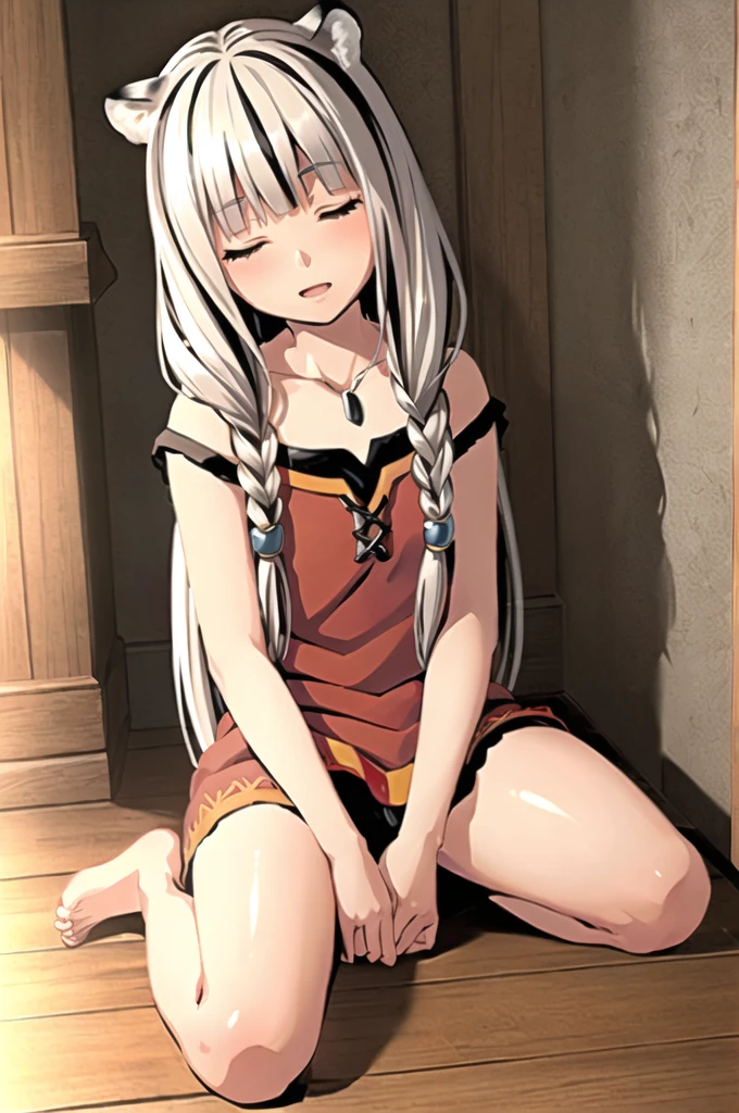 ((masterpiece)), (best quality), (ultra-detailed), photorealistic, (best illustration), ((an extremely delicate and beautiful)), 1girl, solo, long hair, tiger ears, white hair, two-tone hair, facing viewer, barefoot, megumin clothes, witch hat, megumin hat, closed eyes, short sleeves, indoors, low twin braids, twin braids, hair ornament, blush, head tilt, upper teeth, flat chest, young, aged down, happy, collarbone, necklace, 