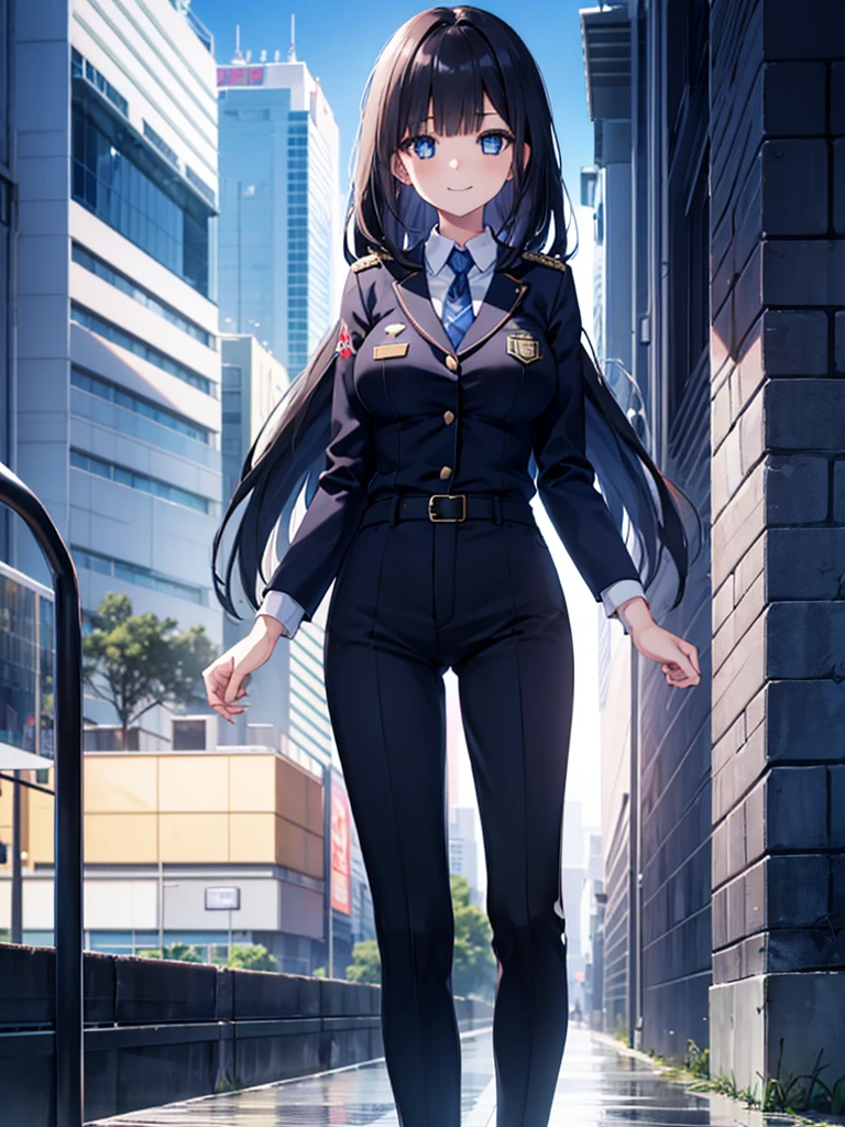 transparent,off-shoulder_sweater,1girl,slender,hime cut,straight_hair,black hair,side_blunt_bangs,blue eyes,symbol_in_eye,medium breasts,narrow_waist,huge filesize,smile,panorama,police_uniform,business_suit,