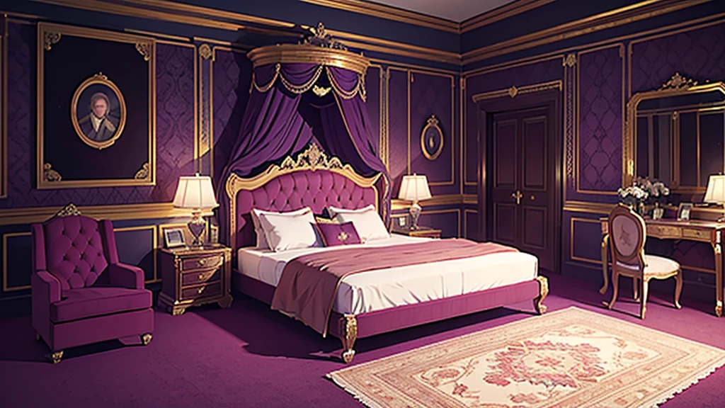 a dark room in a royal palace, a luxurious double bed, a photo frame on the wall, high-quality and lavish furniture, 8k resolution, purple lighting