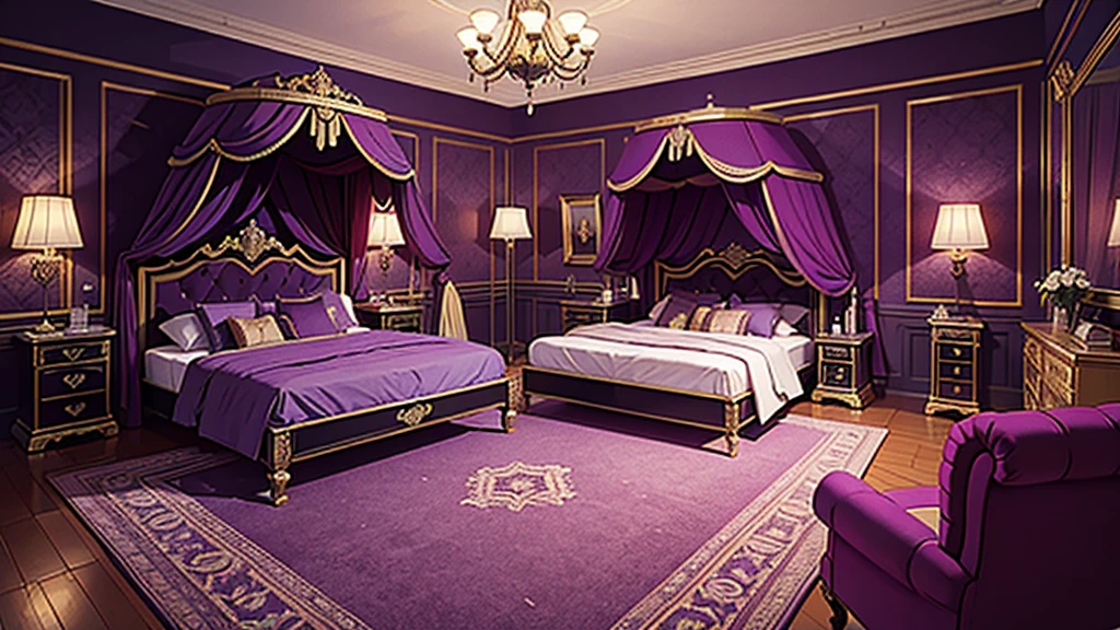a dark room in a royal palace, a luxurious double bed, a photo frame on the wall, high-quality and lavish furniture, 8k resolution, purple lighting