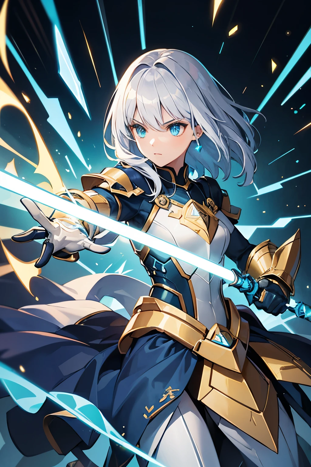 1. General appearance:
• Hair: shiny silver, with a dynamic look, as if it were charged with electrical energy.
• Eyes: Intense blue with flashes of small rays, indicating its connection with quantum energy.
• Fur: Slight golden shine, similar to the tone of his armor and weapon.
2. weapondura:
• Design: Futuristic and light, optimized for agility and flexibility.
• Colors: Mainly gold with electric blue details.
• Core: located in the chest, shining with intense blue light, symbolizing his power.
• Details: Golden metal plates with inscriptions or patterns that imitate electronic circuits.
3. weapon: Suppressor’s Bastion:
• Type: charging sword.
• Colors: Gold and electric blue, matching the armor.
• Details: Store and release quantum energy. It has a complex design, with moving parts that light up as energy accumulates.
4. context:
• Scenery: Background representing a space or futuristic environment, Do you want a futuristic city or an intergalactic battlefield?.
• Posture: combat position, with the sword in one hand, emanating energy, and the other arm raised, creating a visible force field.
Reference for Artist:
• Pose: Heroic and determined, demonstrating power and control.
• Energy Effects: Add energy visual effects around the sword and armor core, with flashes of lightning and a blue glow.
Note to the Artist:
• The image of the sword “Suppressor's Bastion” already provides a clear reference for the design of the weapon. Combining this with the description of Aeron's armor and appearance will create an impressive visual representation befitting his power and abilities..