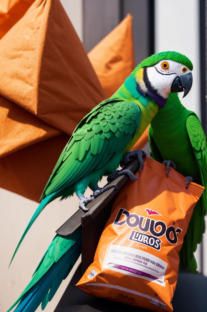 Make a logo for a bag of Doritos with your brand "louritos" with the lilac-colored blond parrot José