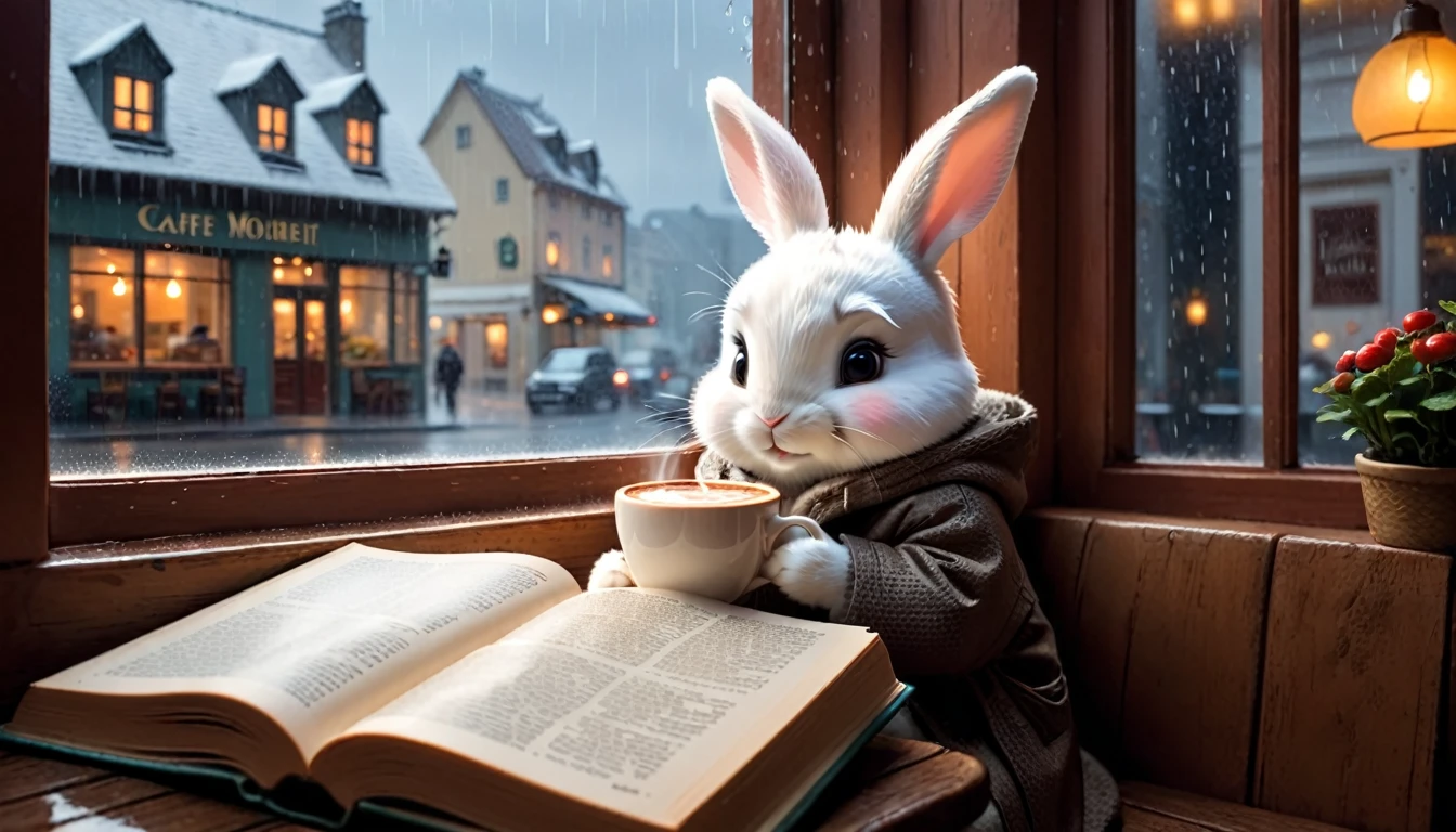 It's raining outside. A scene from a cafe with a warm atmosphere. An anthropomorphized  rabbit is reading a book while drinking hot chocolate at a window seat. The warm light and calm expression are impressive.