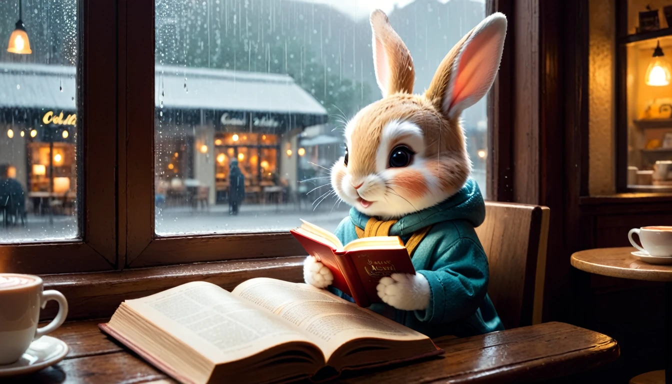It's raining outside. A scene from a cafe with a warm atmosphere. An anthropomorphized rabbit is reading a book while drinking hot chocolate at a window seat. The warm light and calm expression are impressive.