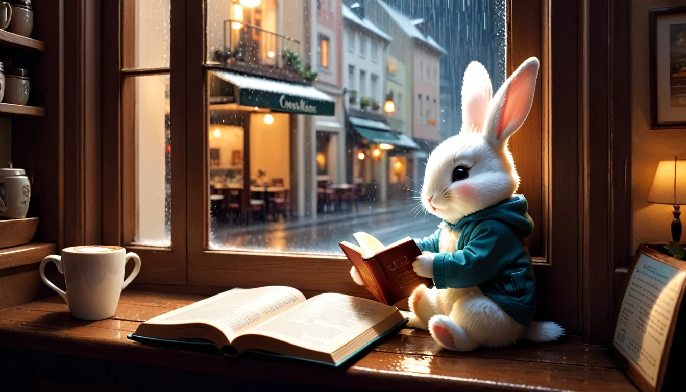 It's raining outside. A scene from a cafe with a warm atmosphere. An anthropomorphized baby rabbit is reading a book while drinking hot chocolate at a window seat. The warm light and calm expression are impressive.