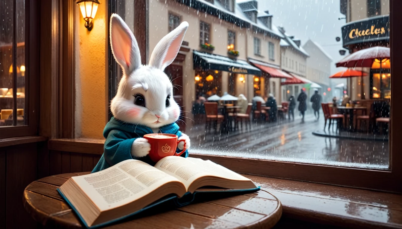 It's raining outside. A scene from a cafe with a warm atmosphere. An anthropomorphized baby rabbit is reading a book while drinking hot chocolate at a window seat. The warm light and calm expression are impressive.