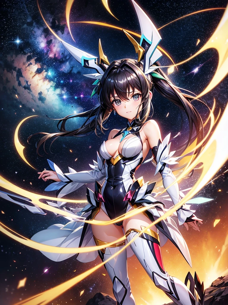 Highest quality,Highest Resolution,A beautiful girl in a metallic high-leg outfit, like Tsubasa Kazanari from Symphogear,Earth Behind,universe,Milky Way,Black Hair,