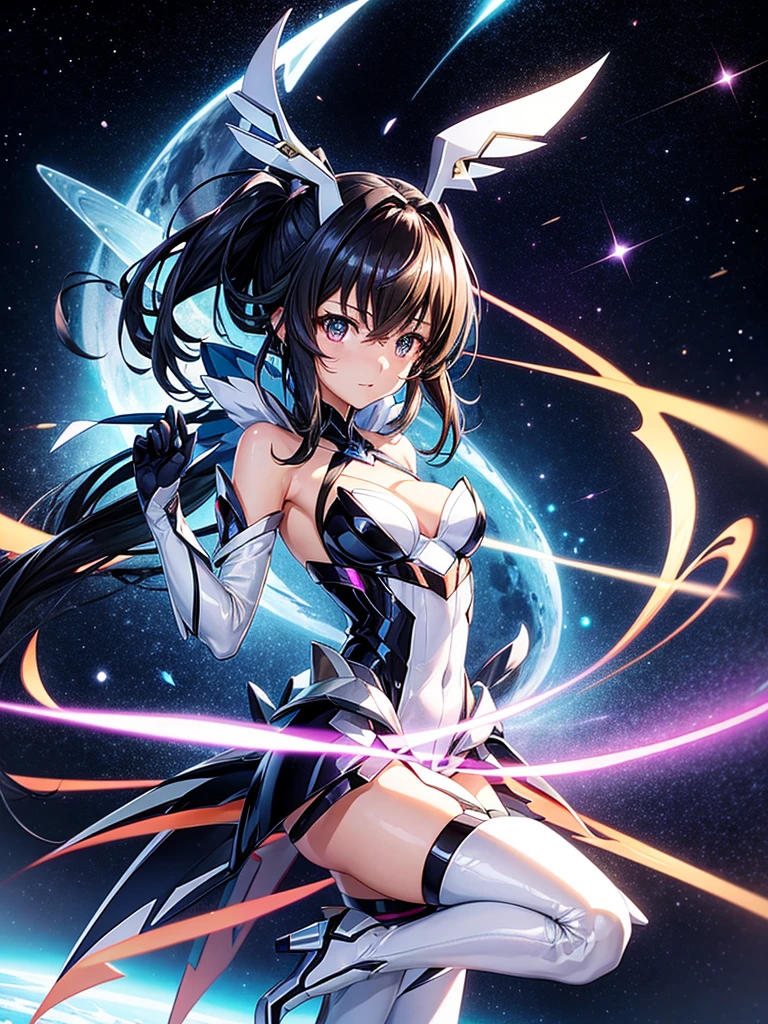 Highest quality,Highest Resolution,A beautiful girl in a metallic high-leg outfit, like Tsubasa Kazanari from Symphogear,Earth Behind,universe,Milky Way,Black Hair,