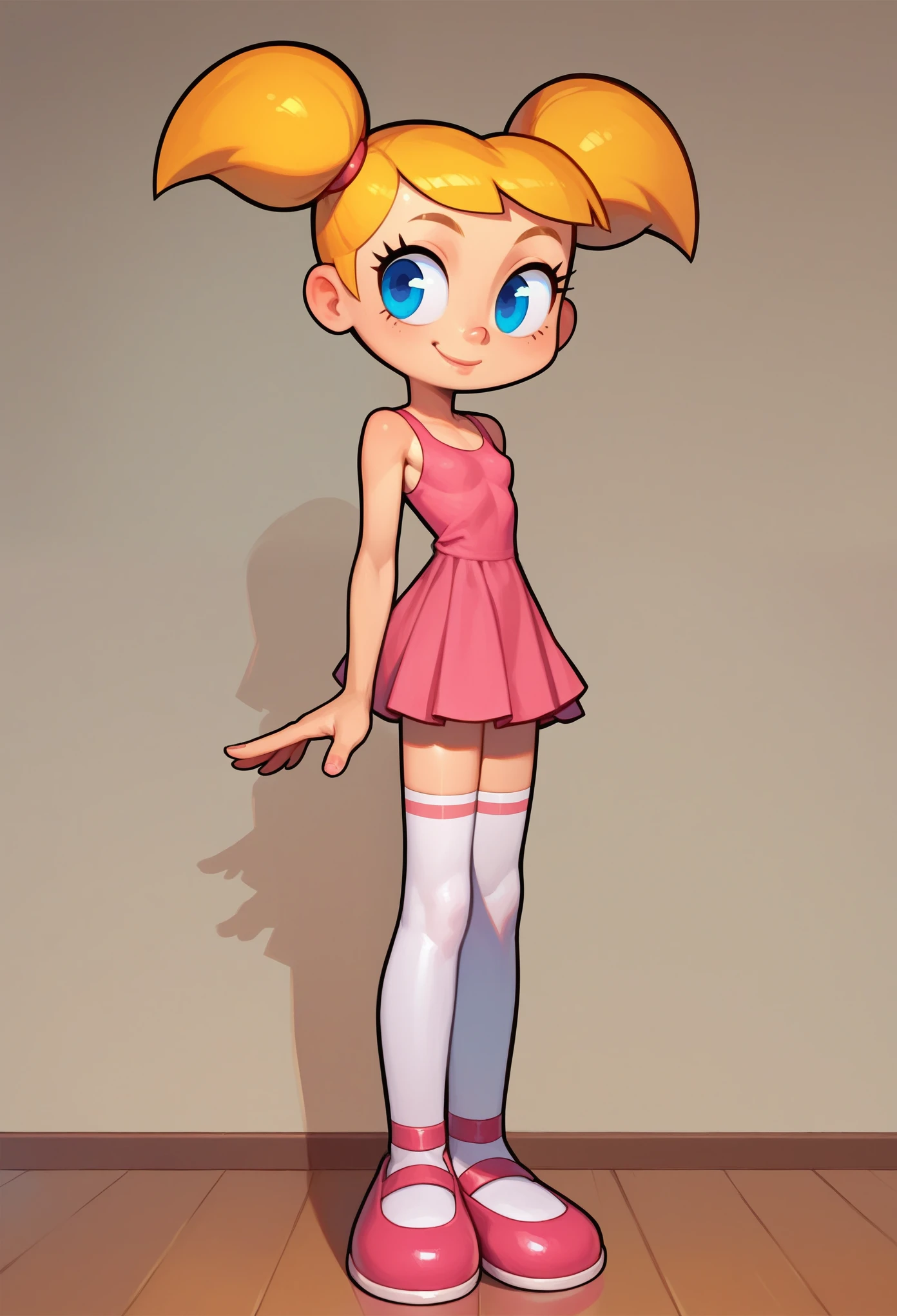 1girl, dee dee, blonde hair, short twintails, blue eyes, ballet dress, ballet shoes