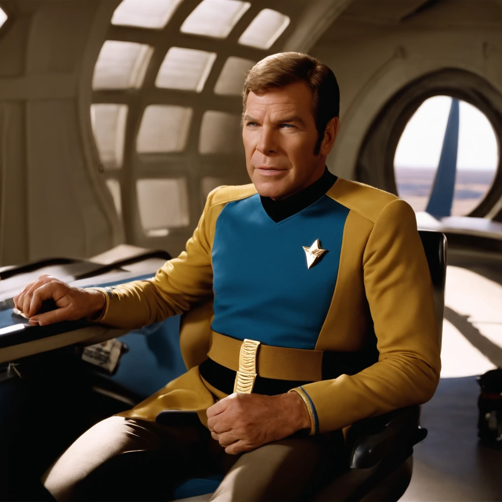 Captain James T. Kirk of the USS Enterprise NCC 1701 sits, on his chair on the bridge. Spock is standing next to him talking. Captain Kirk is wearing the uniform used, in First Contact, and has 4 pips on his collar. Spock has pointed ears, and is a blue tunic with 4 pips on his collar for a commanding officer.