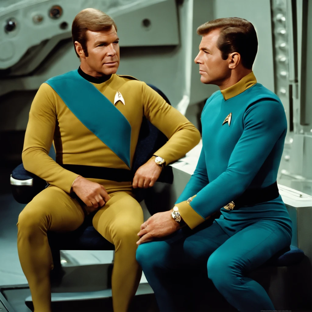Captain James T. Kirk of the USS Enterprise NCC 1701 sits, on his chair on the bridge. Spock is standing next to him talking. Captain Kirk is wearing the uniform used, in First Contact, and has 4 pips on his collar. Spock has pointed ears, and is a blue tunic with 4 pips on his collar for a commanding officer.