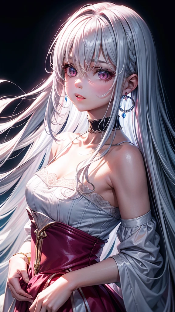 8k wallpaper, masterpiece, movie lighting, best quality, illustration, dramatic angle, ((color: 1.1)), ((color inner hair: 1.4)), 1girl, solo, long hair, water, pink eyes, choker, parted lips, white choker, liquid hair, silver hair, bangs, from side, side, upper body, simple background, gray background, bare shoulders, portrait, looking at the audience, pink dress, hair between eyes, white background, earrings, long hair 