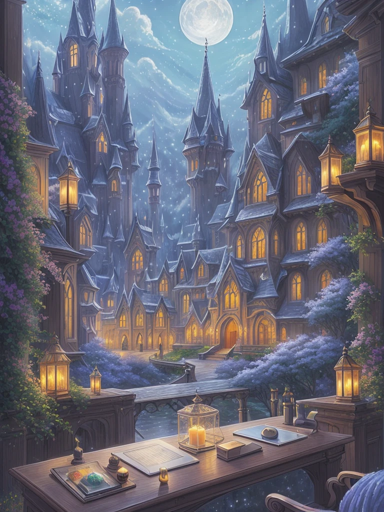 A tranquil scene unfolds in a magical lab setting: a laptop with a glowing screen rests on a desk by a large window, showcasing a serene moonlit landscape. Blue neons softly illuminate white flowers next to a tablet and PC monitor. A vocal microphone and headphones hint at creativity buzzing in the air. This anime-inspired digital painting, winning a pixiv contest, exudes a cozy, enchanting ambiance, captivating viewers with its blend of mystical realism and fairy tale allure.