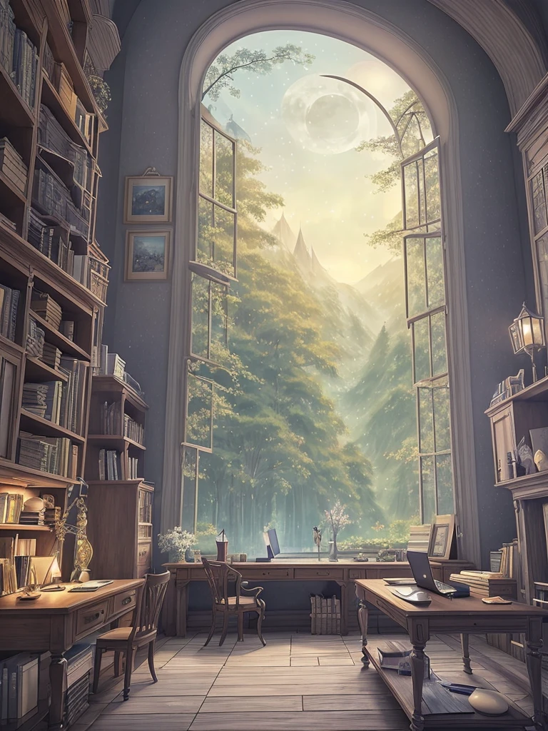 A tranquil scene unfolds in a magical lab setting: a laptop with a glowing screen rests on a desk by a large window, showcasing a serene moonlit landscape. Blue neons softly illuminate white flowers next to a tablet and PC monitor. A vocal microphone and headphones hint at creativity buzzing in the air. This anime-inspired digital painting, winning a pixiv contest, exudes a cozy, enchanting ambiance, captivating viewers with its blend of mystical realism and fairy tale allure.