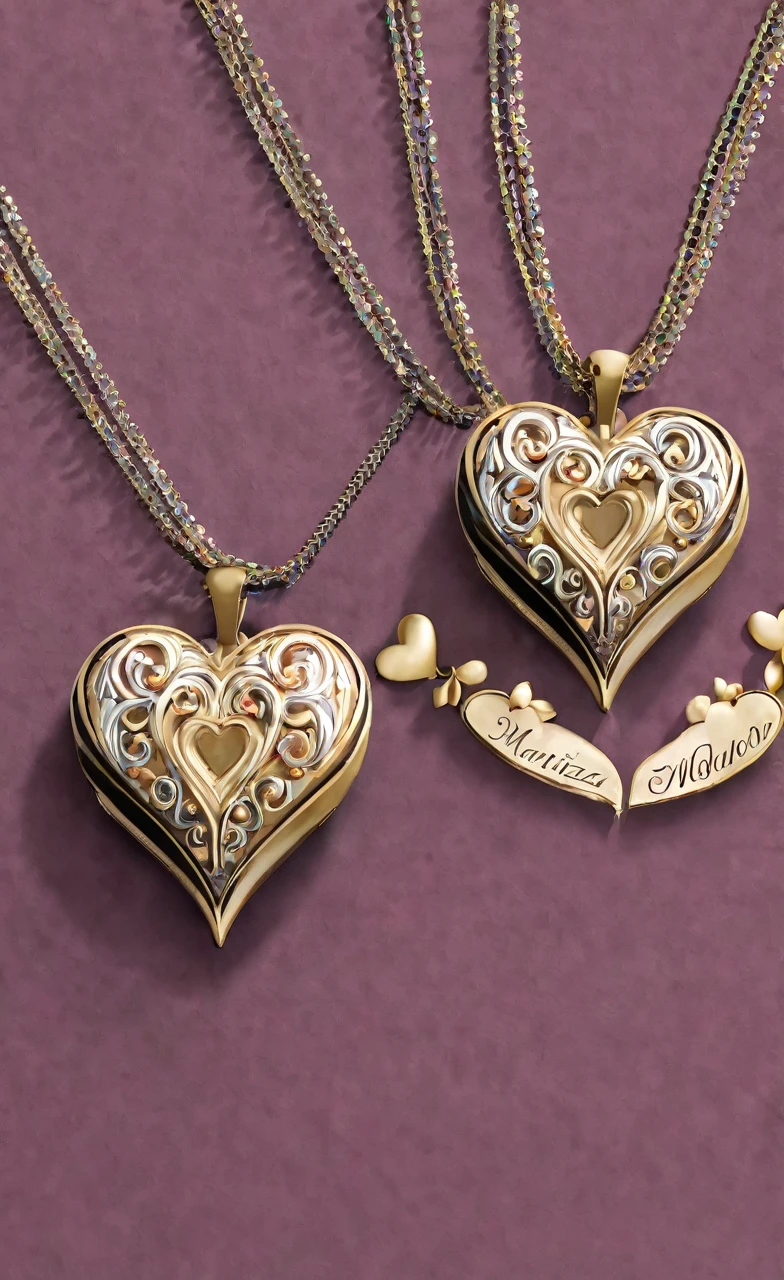 Heart-shaped necklaces, the first one that says Maritza and the second one that says Eugenio