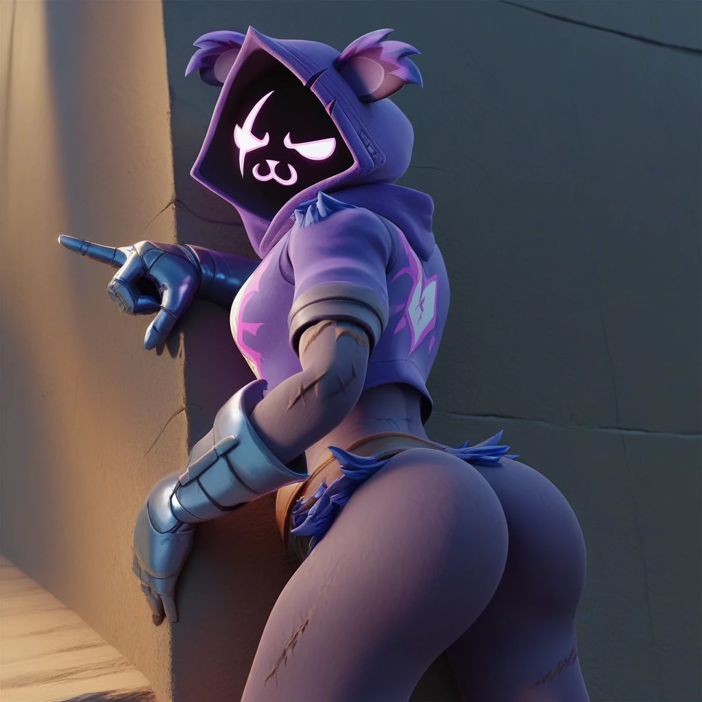 Raven team leader,purple hoodie, with no face, shadowed face, animal ears,purple skin, scar on eye, body skin, purple fur, waist belt, torso symbol, metal gloves, pointing your ass at the viewer, leaning forward, pushing, she closes her eyes, hands resting on top of a small wall, arms on top of a wall with her eyes closed, expression of force, stomachache, stomach growling. scenery and a sunny day