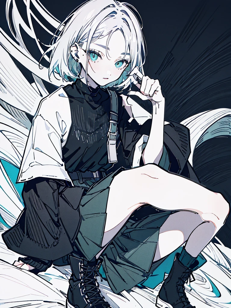 ((body)) skinny, short, pale, freckles on the face, 18 years old ((hair)) long black hair, messy, ((eyes)) green eyes, ((black outfit)) oversize black shirt, blue skirt, knitted shoe covers, black cotton fingerless gloves, black boots, piercings, choker