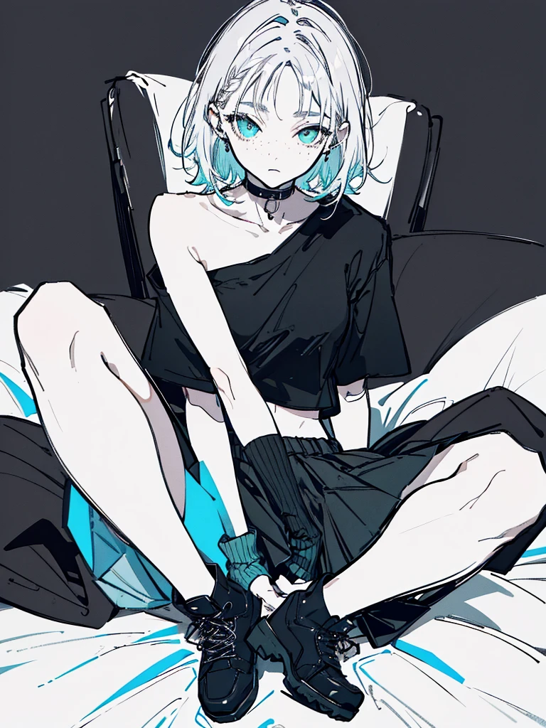 ((body)) skinny, short, pale, freckles on the face, 18 years old ((hair)) long black hair, messy, ((eyes)) green eyes, ((black outfit)) oversize black shirt, blue skirt, knitted shoe covers, black cotton fingerless gloves, black boots, piercings, choker