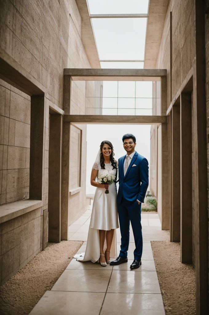 Photograph of a wedding couple where the boy is an engineer with work clothes on site and the girl is an architect with office clothes and plans