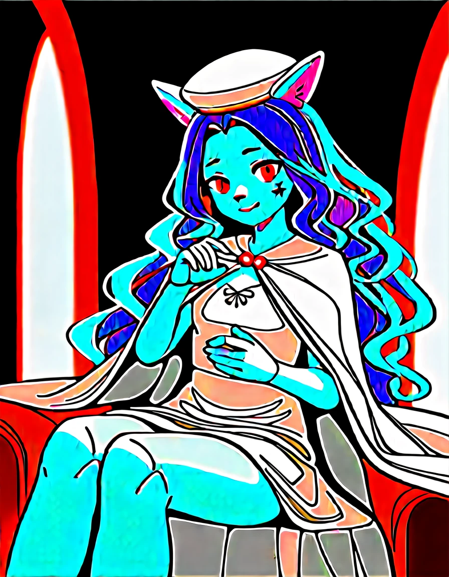 Score_9, score_8_up, score_7_up, masterpiece, best quality, 1girl, solo, an Anthro furry blue fox girl, fox snout, black nose, IncrsXLRanni, wavy hair, cracked skin, colored skin, blue fur, extra arms, four arms, doll joints, white dress, white hat, white cloak, pondering pose, sitting on a chair, in a magical library, in a tower, all four hands on her lap, smiling, lounging