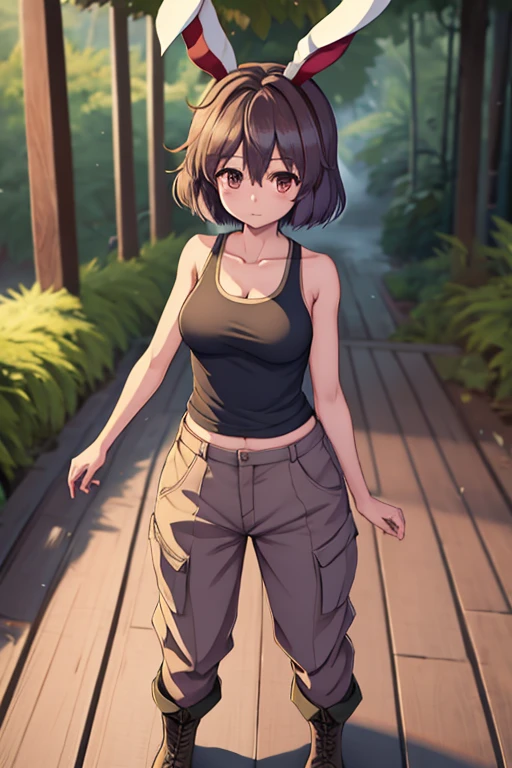 1Girl, Touhou, Reisen Inaba, Rainforest backgorund, short hair, Military pattern pants, dark brown boots, Female military tanktop (dirty), wide shot, full body, standing