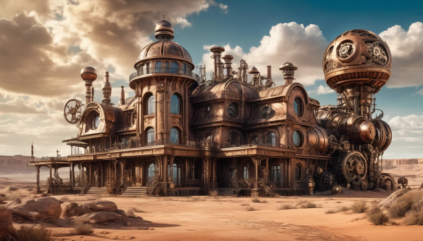 A steampunk-style mansion with intricate metallic details, gears, and steam-powered elements, set in a similar barren landscape. HR Giger Style, Hyper realistic photo, 16k, vibrant colors