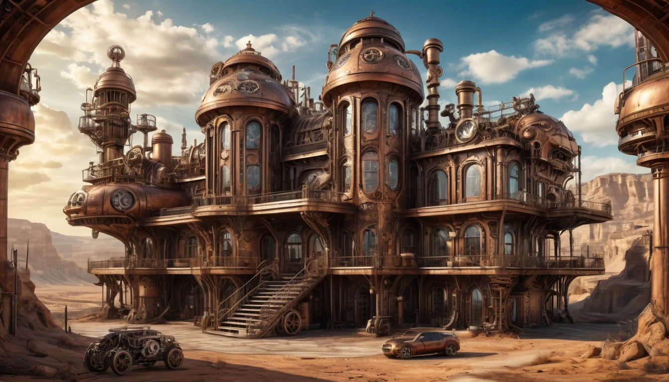A steampunk-style mansion with intricate metallic details, gears, and steam-powered elements, set in a similar barren landscape. HR Giger Style, Hyper realistic photo, 16k, vibrant colors