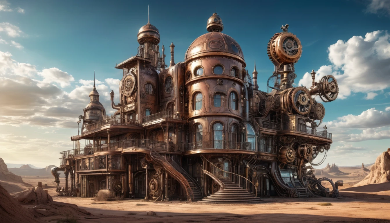 A steampunk-style mansion with intricate metallic details, gears, and steam-powered elements, set in a similar barren landscape. HR Giger Style, Hyper realistic photo, 16k, vibrant colors