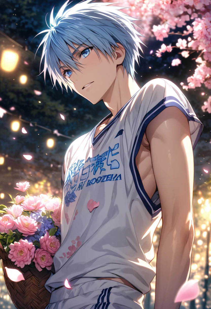 Ultra detailed, highres, absurdres, HDR, master piece, Kuroko Tetsuya, light blue hair, expressive light blue eyes, Kuroko No Basket, fantasy, pink petals, pink flowers, handsome, sexy man, solo, best quality, blossoms, blue shining fireflies, white basketball clothes, the word "Krozseria" is written on his shirt