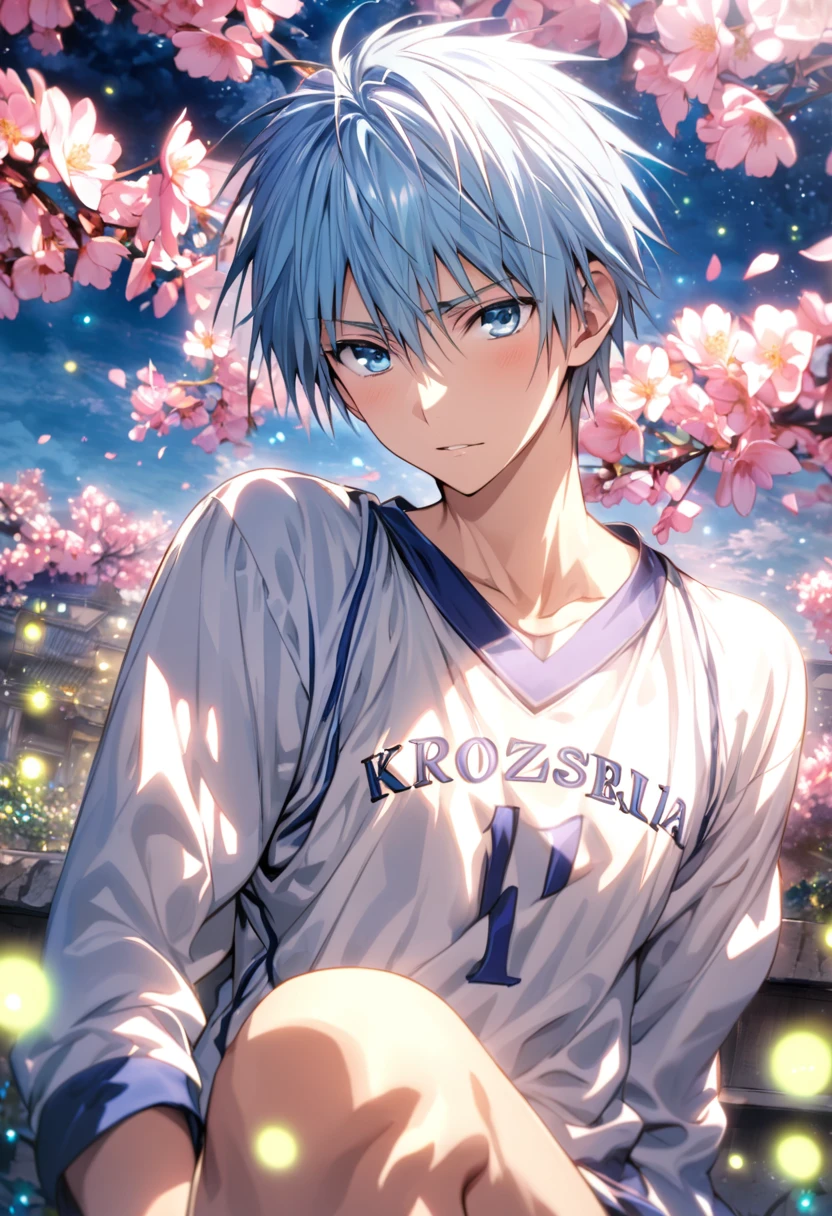 Ultra detailed, highres, absurdres, HDR, master piece, Kuroko Tetsuya, light blue hair, expressive light blue eyes, Kuroko No Basket, fantasy, pink petals, pink flowers, handsome, sexy man, solo, best quality, blossoms, blue shining fireflies, white basketball clothes, the word "Krozseria" is written on his shirt