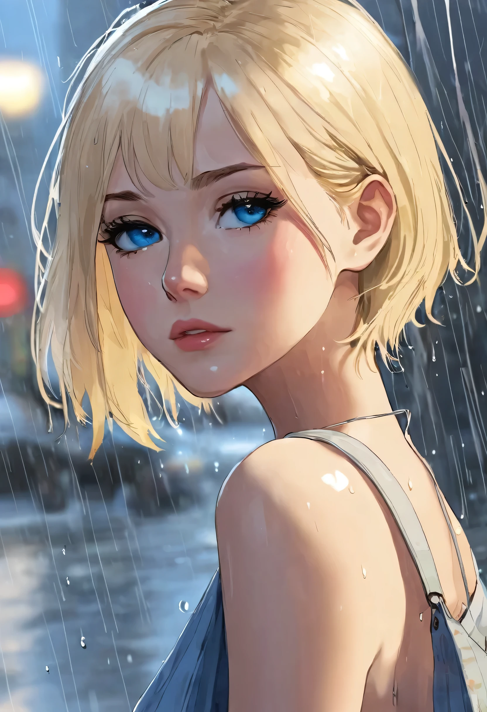 Girl, very short blonde hair, blue eyes, wearing a simple , in the rain.