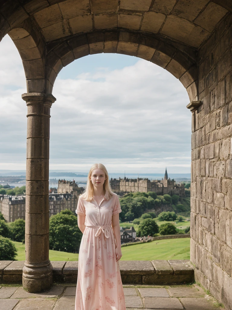 her name is Marie, high quality, 1girl, ((20-year-old fit Caucasian woman)), ((20 years old)), ((fit)), ((pale skin tone)), medium length straight blonde hair , wearing Pastel Pink Tie-Dye Maxi Dress, pose: standing, background: Detail the panoramic vistas from Edinburgh Castle, Scotland, where visitors can see the historic city of Edinburgh spread out below, framed by rolling hills and the distant sea.