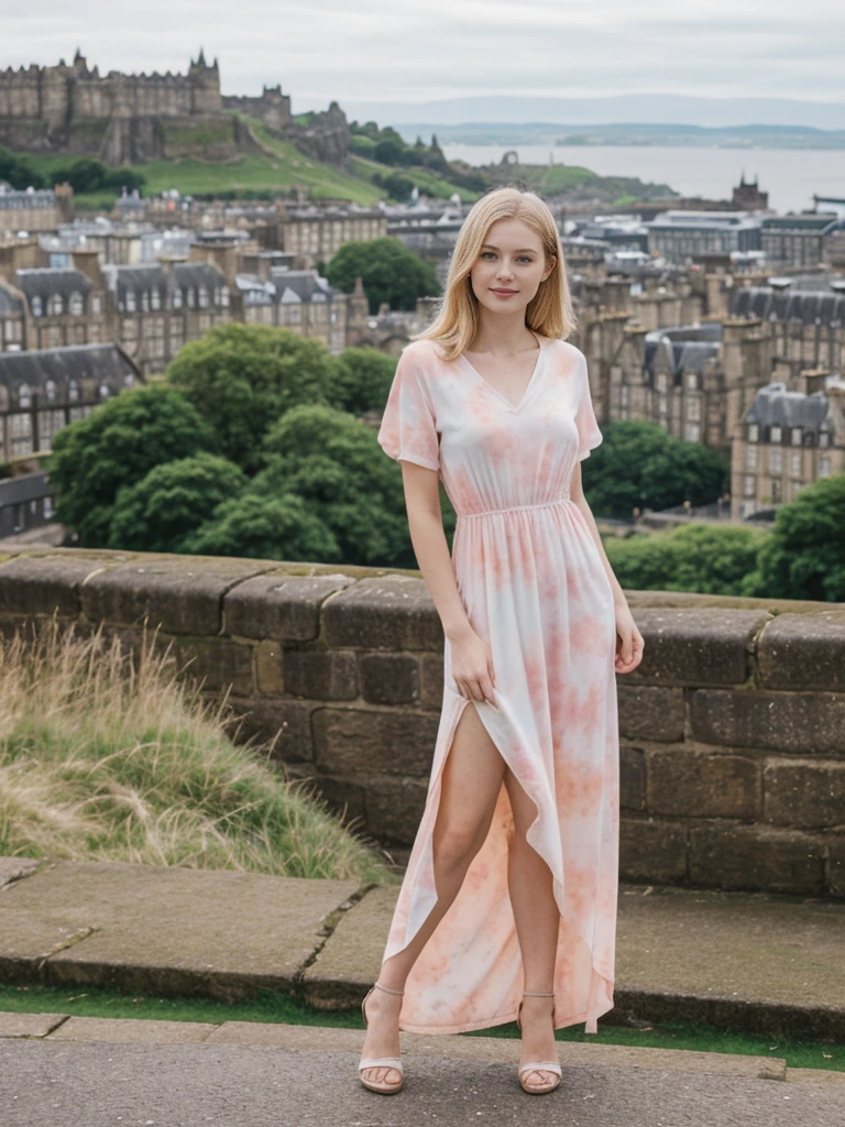 her name is Marie, high quality, 1girl, ((20-year-old fit Caucasian woman)), ((20 years old)), ((fit)), ((pale skin tone)), medium length straight blonde hair , wearing Pastel Pink Tie-Dye Maxi Dress, pose: standing, background: Detail the panoramic vistas from Edinburgh Castle, Scotland, where visitors can see the historic city of Edinburgh spread out below, framed by rolling hills and the distant sea.