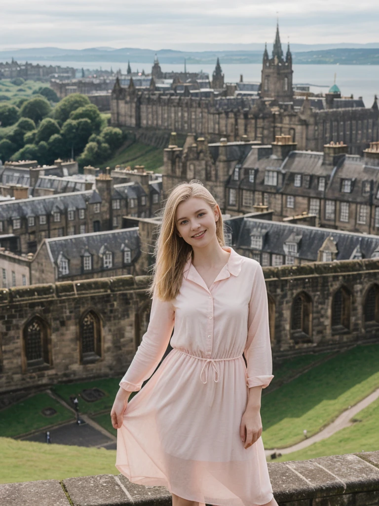 her name is Marie, high quality, 1girl, ((20-year-old fit Caucasian woman)), ((20 years old)), ((fit)), ((pale skin tone)), medium length straight blonde hair , wearing Pastel Pink Tie-Dye Maxi Dress, pose: standing, background: Detail the panoramic vistas from Edinburgh Castle, Scotland, where visitors can see the historic city of Edinburgh spread out below, framed by rolling hills and the distant sea.