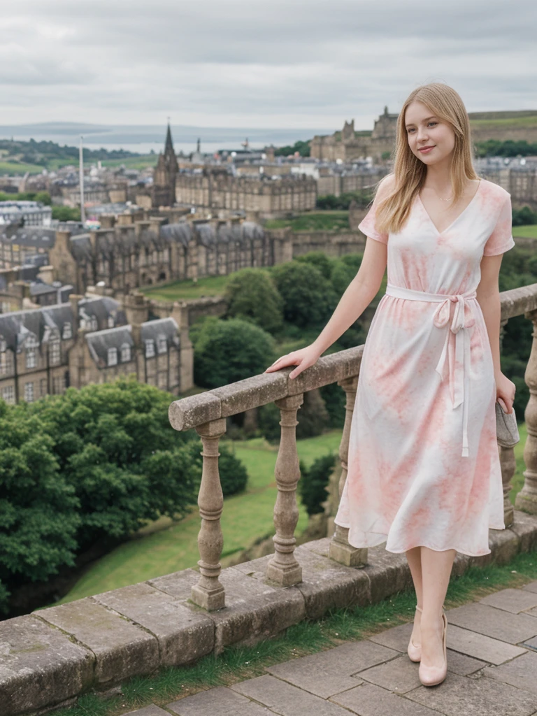 her name is Marie, high quality, 1girl, ((20-year-old fit Caucasian woman)), ((20 years old)), ((fit)), ((pale skin tone)), medium length straight blonde hair , wearing Pastel Pink Tie-Dye Maxi Dress, pose: standing, background: Detail the panoramic vistas from Edinburgh Castle, Scotland, where visitors can see the historic city of Edinburgh spread out below, framed by rolling hills and the distant sea.