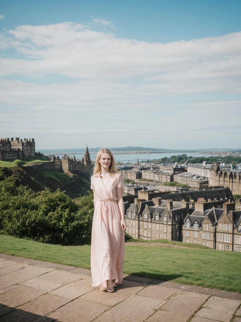 her name is Marie, high quality, 1girl, ((20-year-old fit Caucasian woman)), ((20 years old)), ((fit)), ((pale skin tone)), medium length straight blonde hair , wearing Pastel Pink Tie-Dye Maxi Dress, pose: standing, background: Detail the panoramic vistas from Edinburgh Castle, Scotland, where visitors can see the historic city of Edinburgh spread out below, framed by rolling hills and the distant sea.