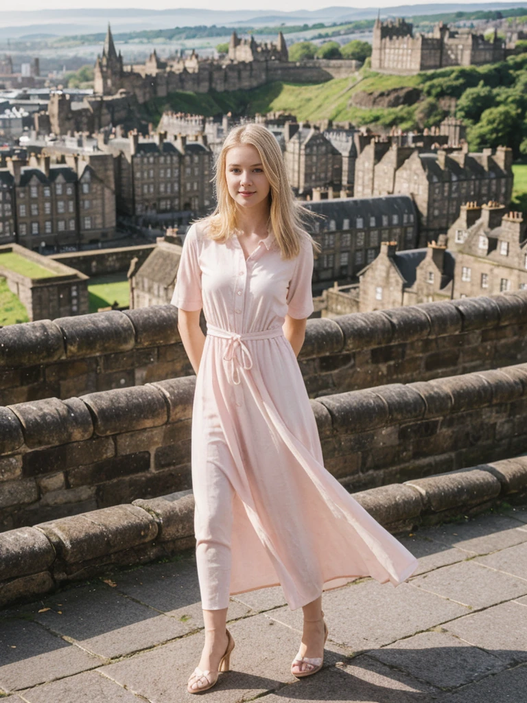 her name is Marie, high quality, 1girl, ((20-year-old fit Caucasian woman)), ((20 years old)), ((fit)), ((pale skin tone)), medium length straight blonde hair , wearing Pastel Pink Tie-Dye Maxi Dress, pose: standing, background: Detail the panoramic vistas from Edinburgh Castle, Scotland, where visitors can see the historic city of Edinburgh spread out below, framed by rolling hills and the distant sea.