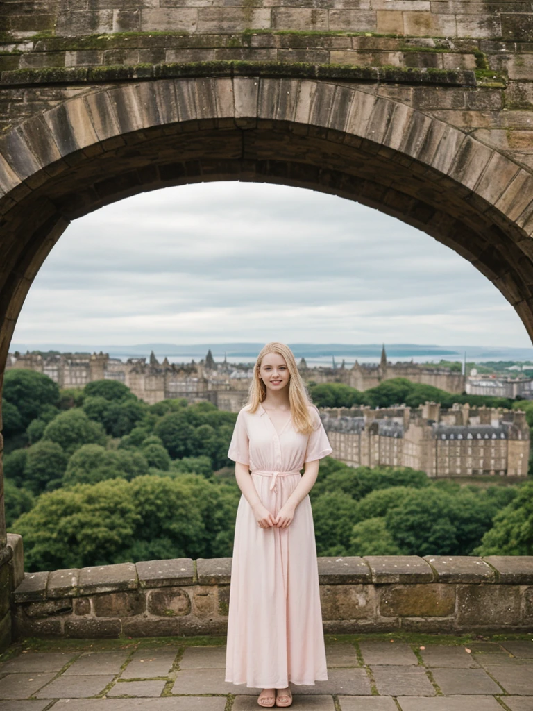 her name is Marie, high quality, 1girl, ((20-year-old fit Caucasian woman)), ((20 years old)), ((fit)), ((pale skin tone)), medium length straight blonde hair , wearing Pastel Pink Tie-Dye Maxi Dress, pose: standing, background: Detail the panoramic vistas from Edinburgh Castle, Scotland, where visitors can see the historic city of Edinburgh spread out below, framed by rolling hills and the distant sea.