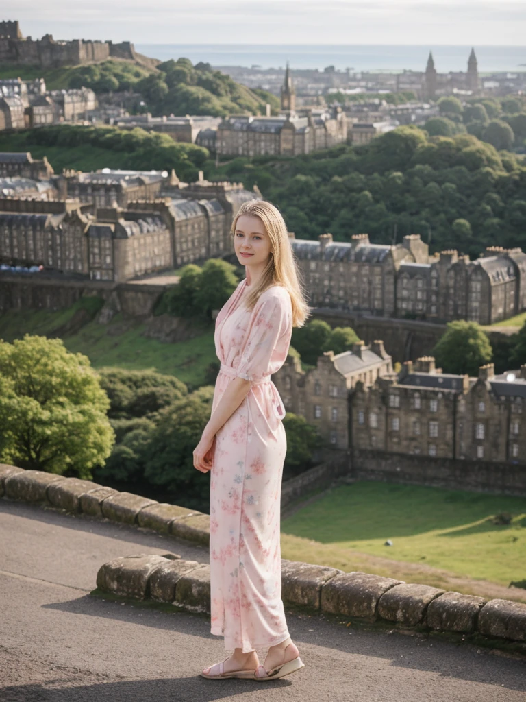 her name is Marie, high quality, 1girl, ((20-year-old fit Caucasian woman)), ((20 years old)), ((fit)), ((pale skin tone)), medium length straight blonde hair , wearing Pastel Pink Tie-Dye Maxi Dress, pose: standing, background: Detail the panoramic vistas from Edinburgh Castle, Scotland, where visitors can see the historic city of Edinburgh spread out below, framed by rolling hills and the distant sea.