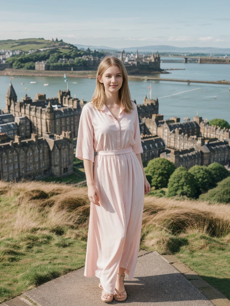 her name is Marie, high quality, 1girl, ((20-year-old fit Caucasian woman)), ((20 years old)), ((fit)), ((pale skin tone)), medium length straight blonde hair , wearing Pastel Pink Tie-Dye Maxi Dress, pose: standing, background: Detail the panoramic vistas from Edinburgh Castle, Scotland, where visitors can see the historic city of Edinburgh spread out below, framed by rolling hills and the distant sea.